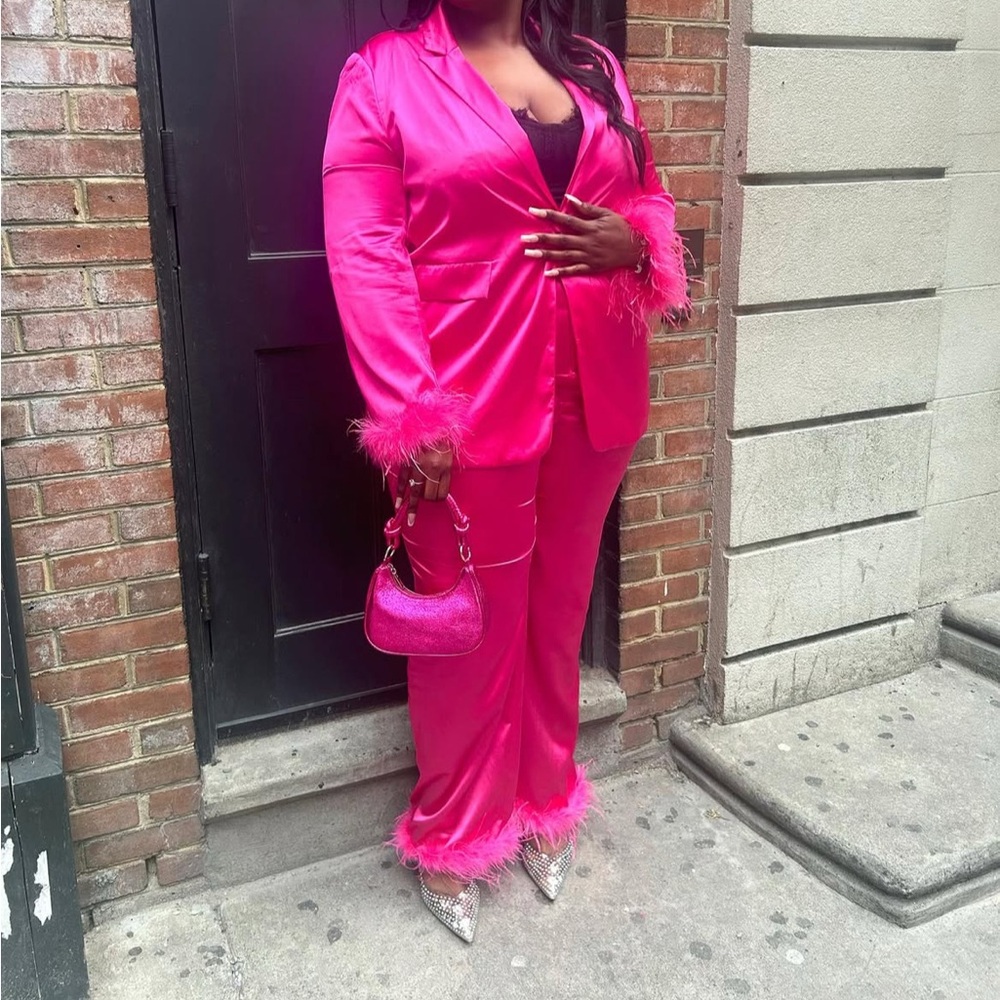 Fashion Nova Vibrant Pink Feathered Pantsuit